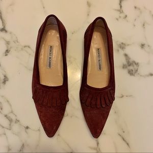 Manolo Blahnik Suede Bordeaux Kiltie Flats